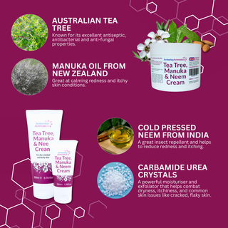 Tea Tree, Manuka & Neem Cream - Suitable for Sensitive Skin. Antibacterial, for Itchy, Sore & Dry  Cracked Skin