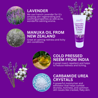 Lavender, Manuka & Neem Cream - Suitable for Sensitive Skin. Antibacterial, for Itchy, Sore & Dry  Cracked Skin